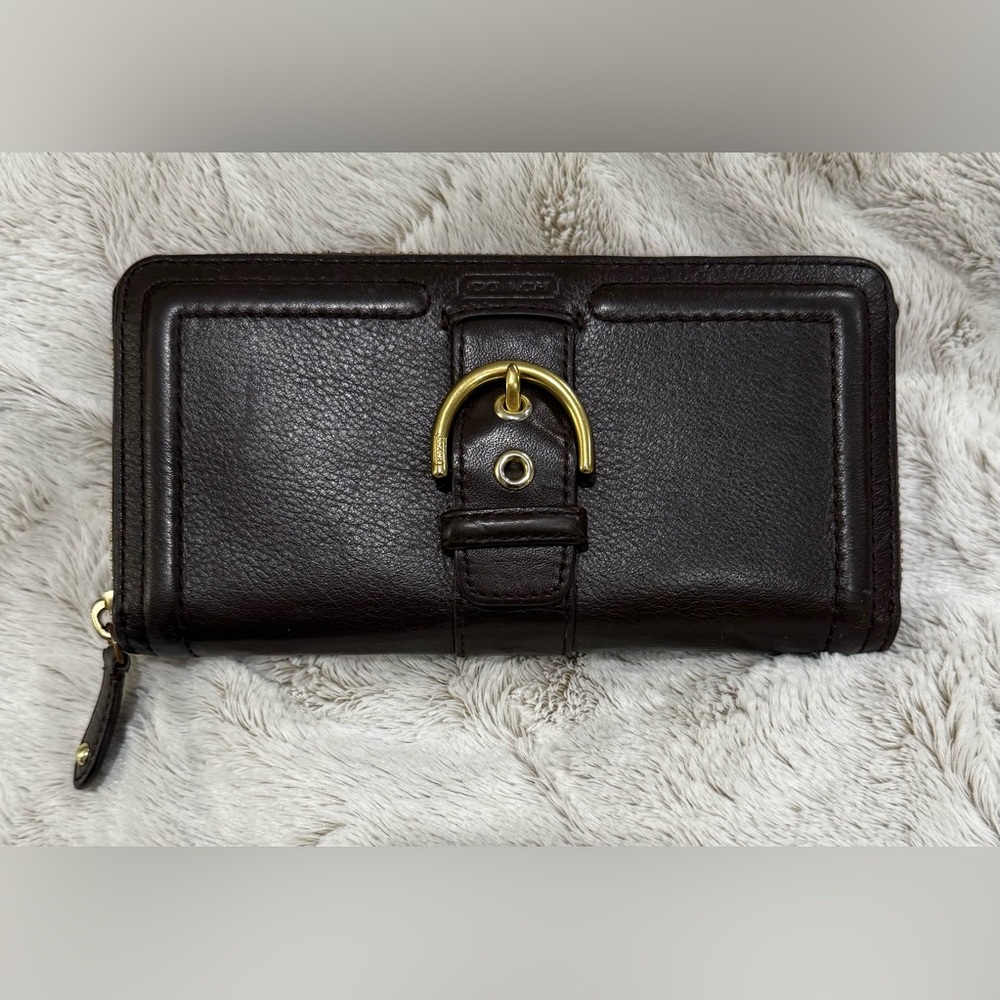 Coach Dark Brown Zip Around Long Leather Wallet with Gold Buckle